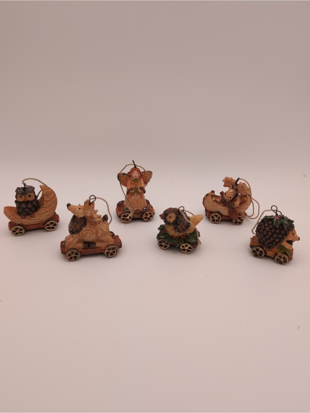 Vintage Miniature Woodland Animals Christmas Ornaments Set 6 Hedgehog, Owl, More